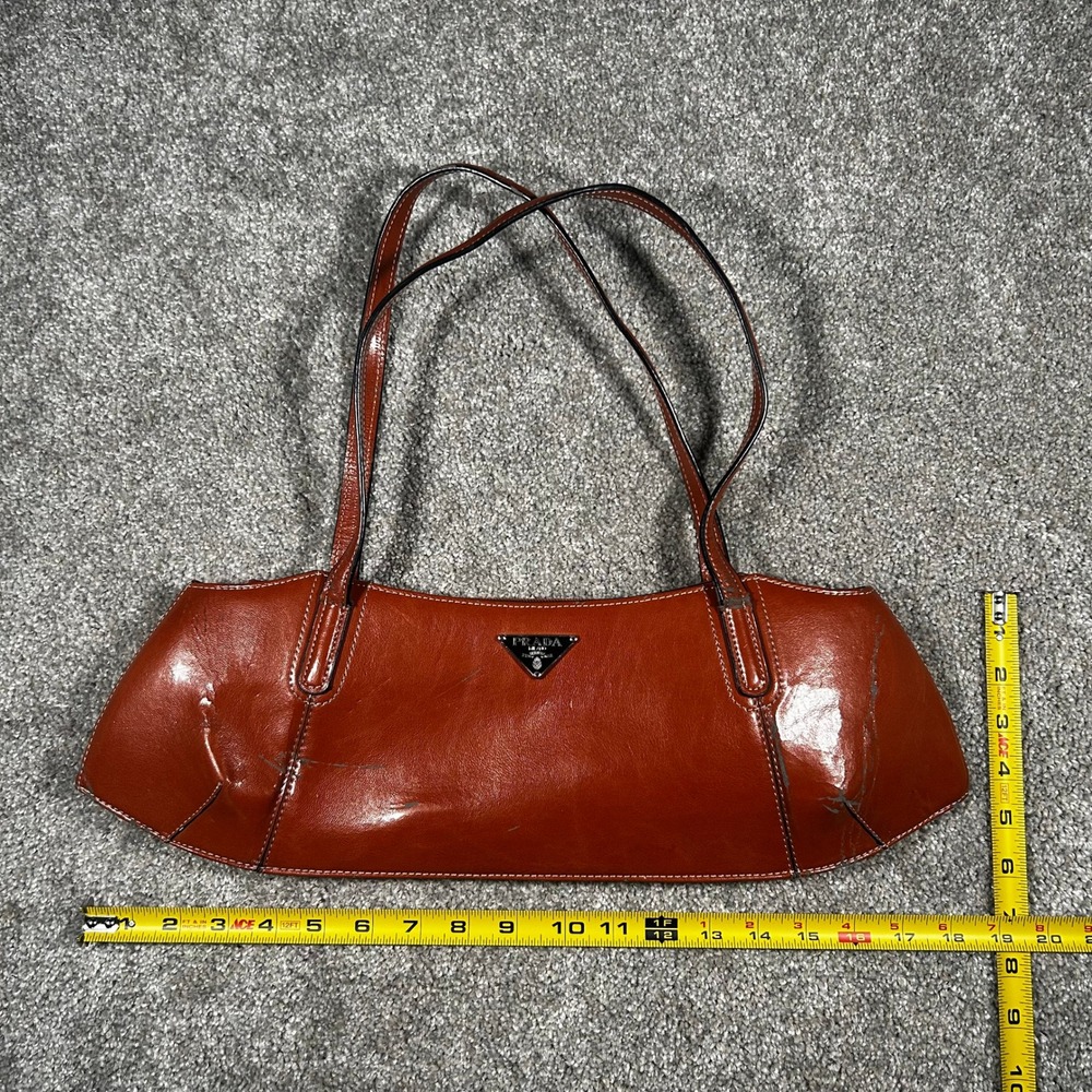 Prada Vintage Glazed Leather Shoulder Bag Burnt Orange Baguette Triangle Logo - Picture 8 of 8